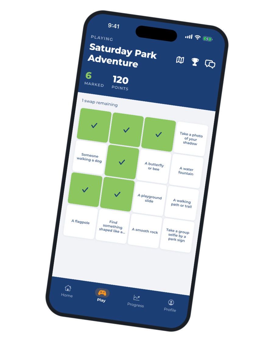 Scavengo app showing a Park Adventure bingo board