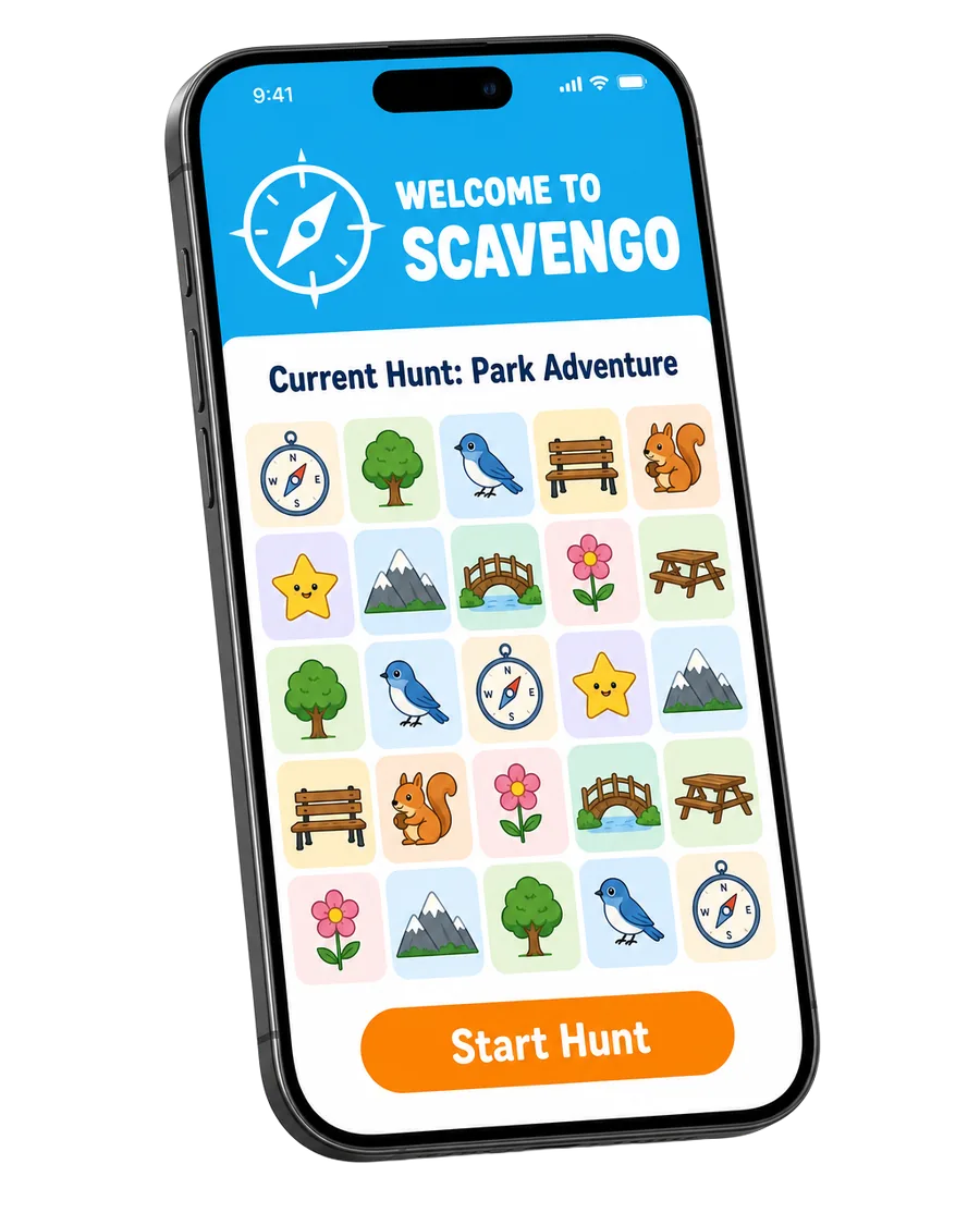 Scavengo app showing a Park Adventure bingo board